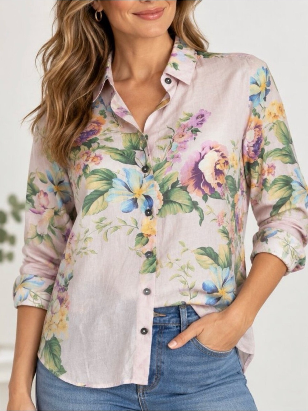 Bailey 44 Watercolor Floral Button-Down Blouse Sheer M